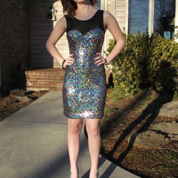Multi Color Sequin Black Mesh Party Formal Dress Sz S - Picture 1 of 4
